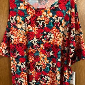 NWT LulaRoe Disney 3XL Irma Tunic, Short Sleeves, Red Floral Minnie Mouse Print